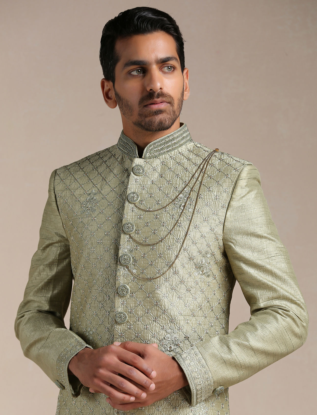 Lime Cream Green Self Embroidered Indo Western Set image number 0